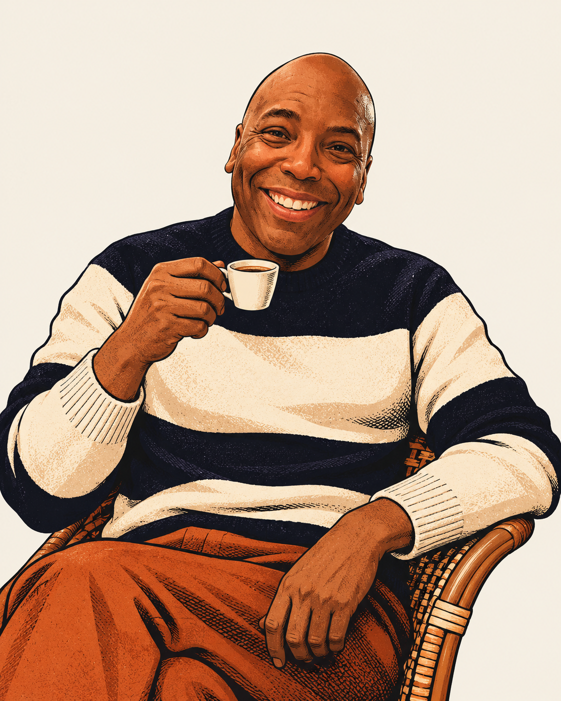 The Regular, our smiling illustrated mascot in a cream and ink striped sweater, enjoying an espresso